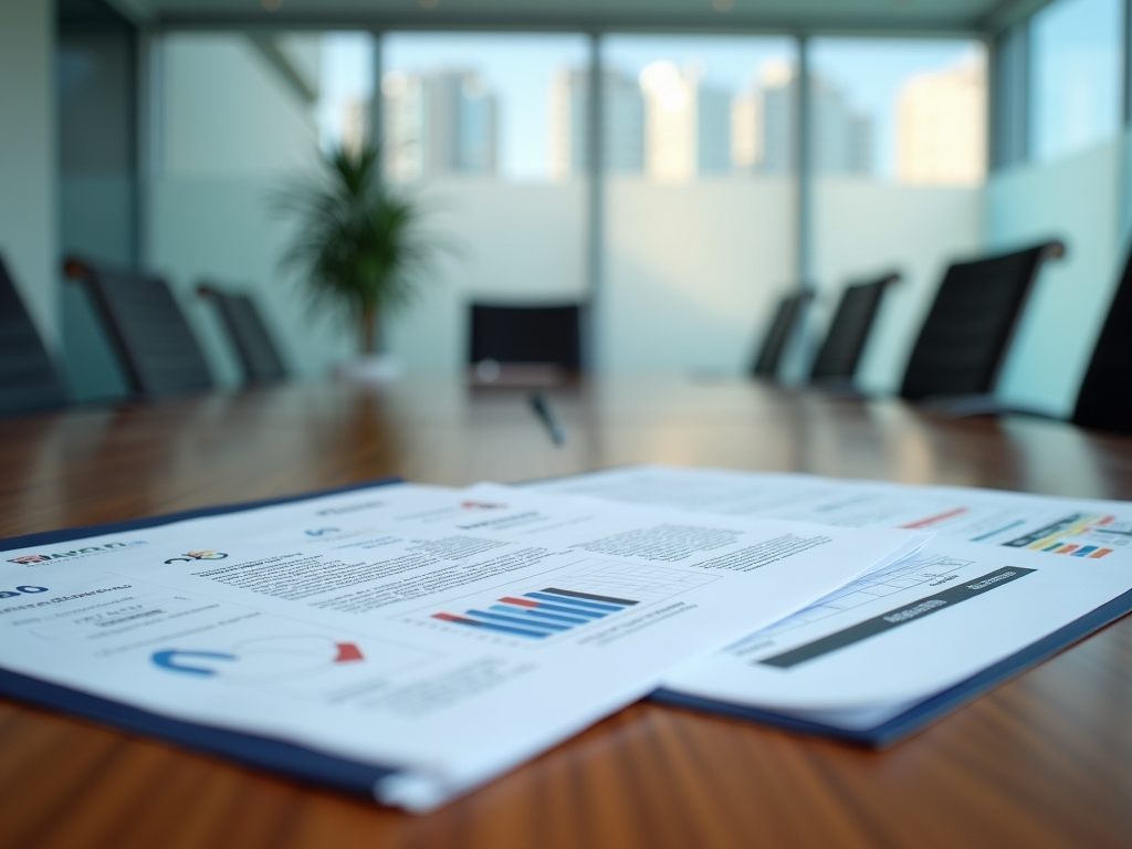 Blurry view of a business report on a table in a modern office meeting room.