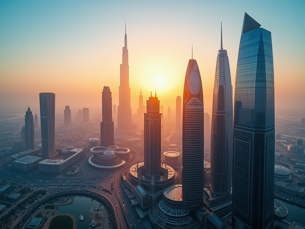 Sunrise over a modern city skyline with towering skyscrapers and soft orange hues.