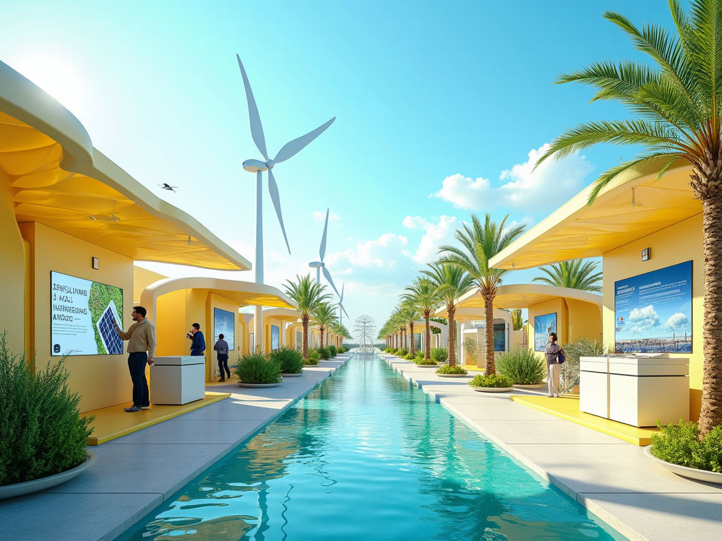 A sunny exhibition area with palm trees, wind turbines, and informational displays beside a tranquil waterway.