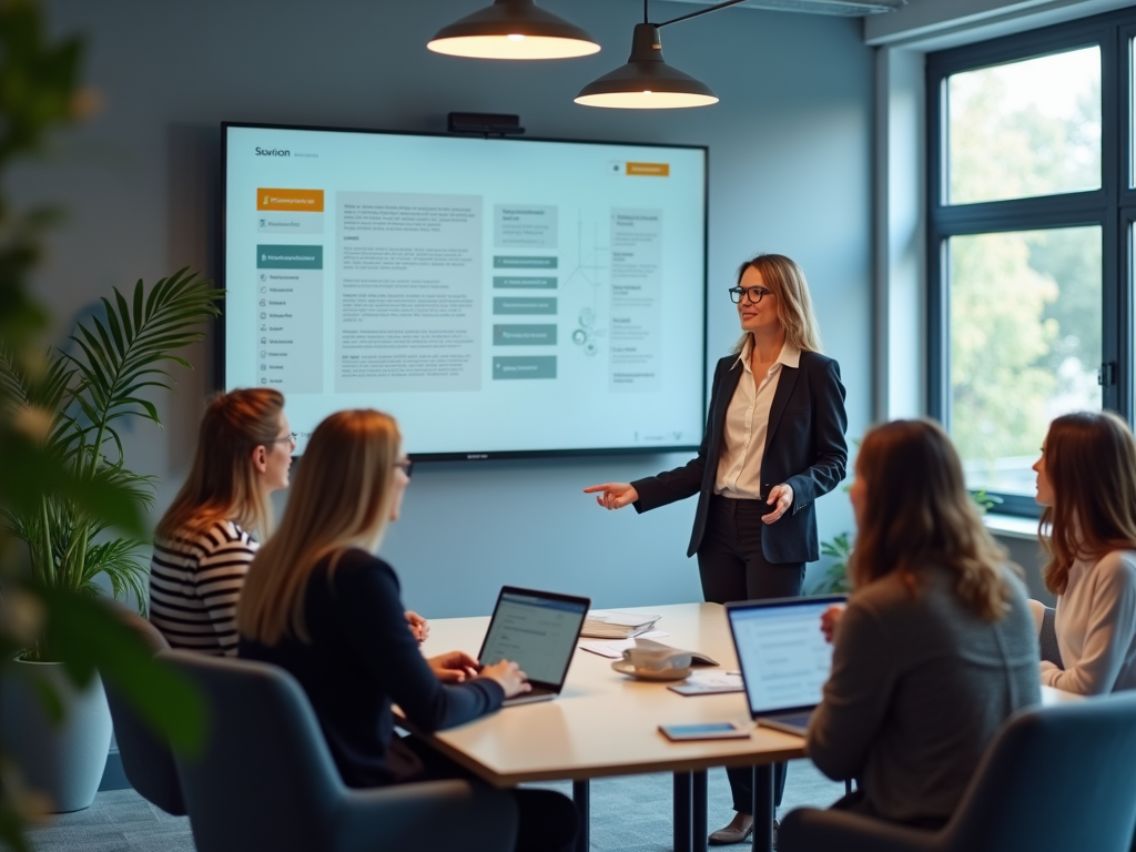 Businesswoman presenting to colleagues in a conference room with a digital display.