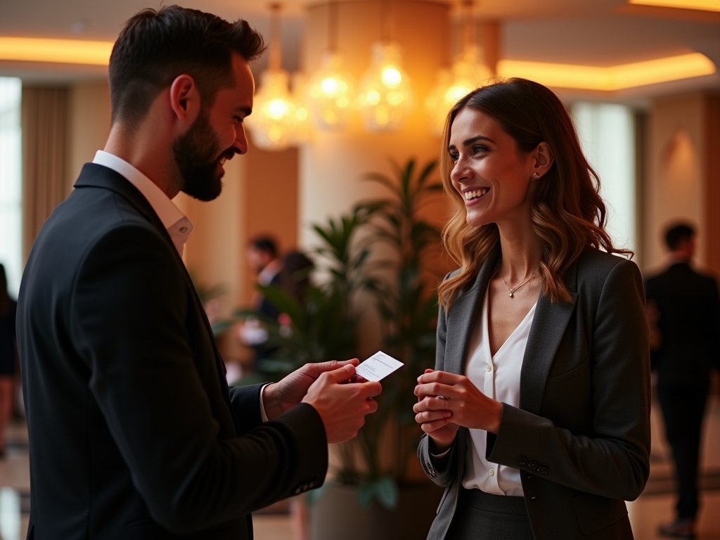 Man and woman exchanging business cards at a networking event in a well-lit room.