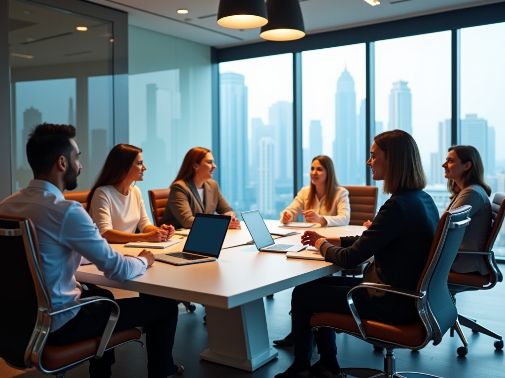 Five professionals in a modern office meeting room discussing over laptops with city skyline in background.