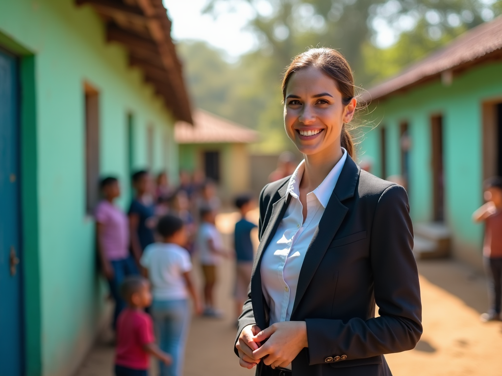 Smiling woman in a suit standing in front of a row of kids outside colorful buildings.