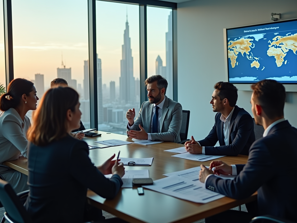 Business professionals discussing in a meeting room with cityscape and global map on screen.