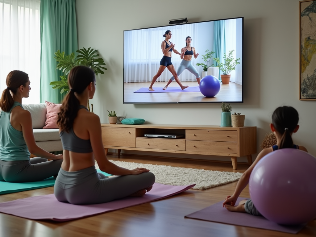 Three people practice yoga at home while following a workout video on a large TV screen. A peaceful atmosphere prevails.