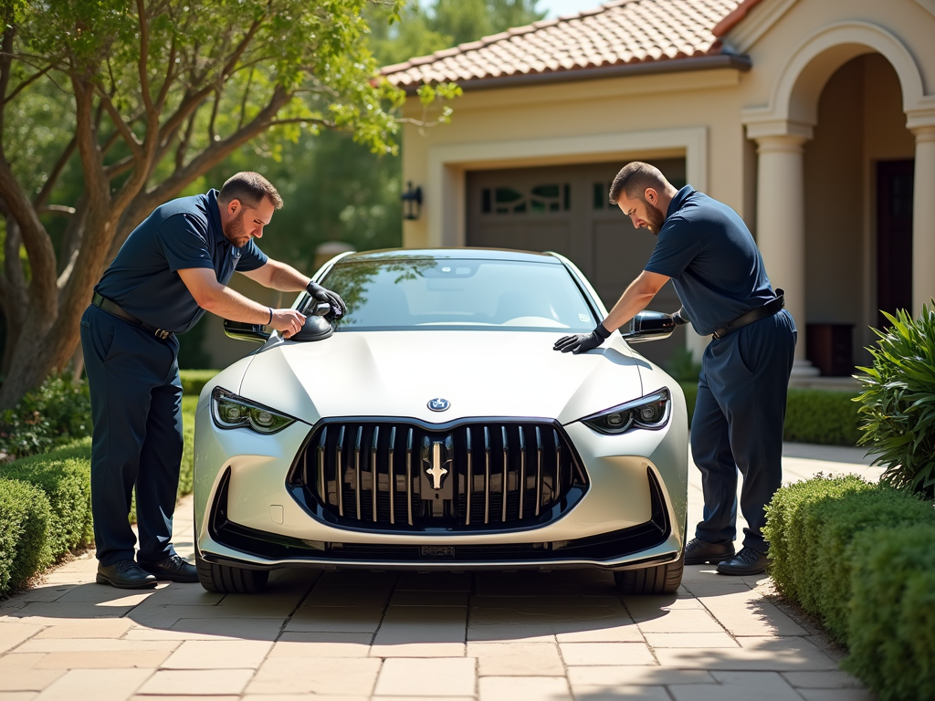 Two men in uniforms clean and polish a luxury car in a beautifully landscaped driveway.