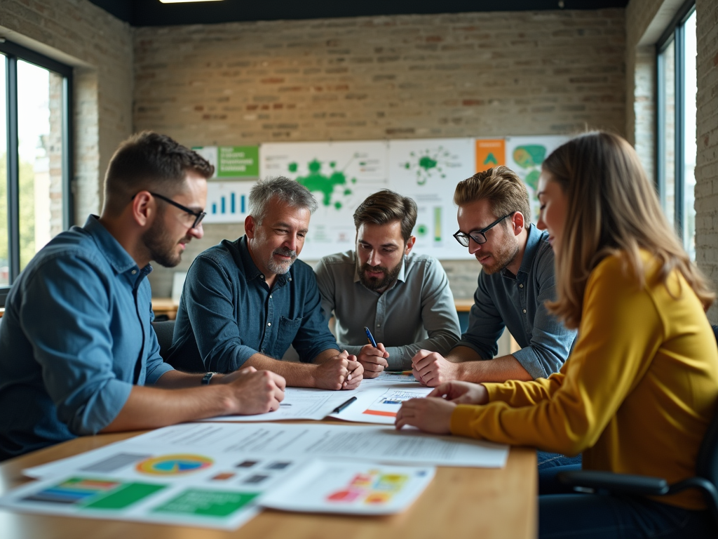 A group of five professionals collaborates around a table, reviewing documents and discussing ideas in a modern office setting.