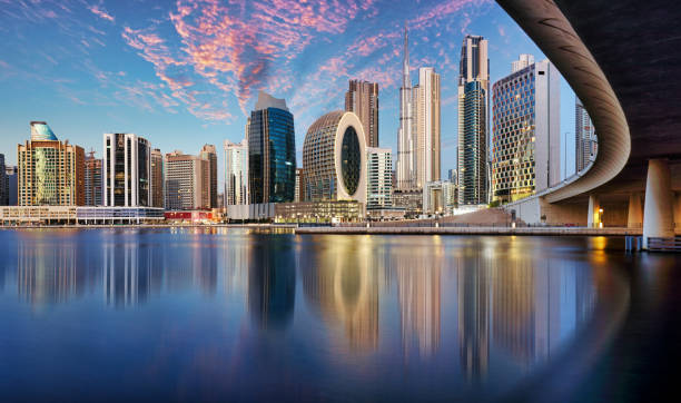 Skyline of a modern city with skyscrapers reflecting on a waterfront at dusk, representing business potential.