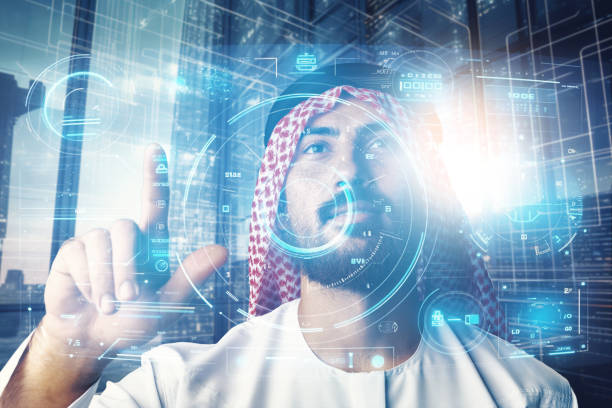 A man in traditional attire interacts with futuristic digital interfaces, representing business opportunities in KIZAD.