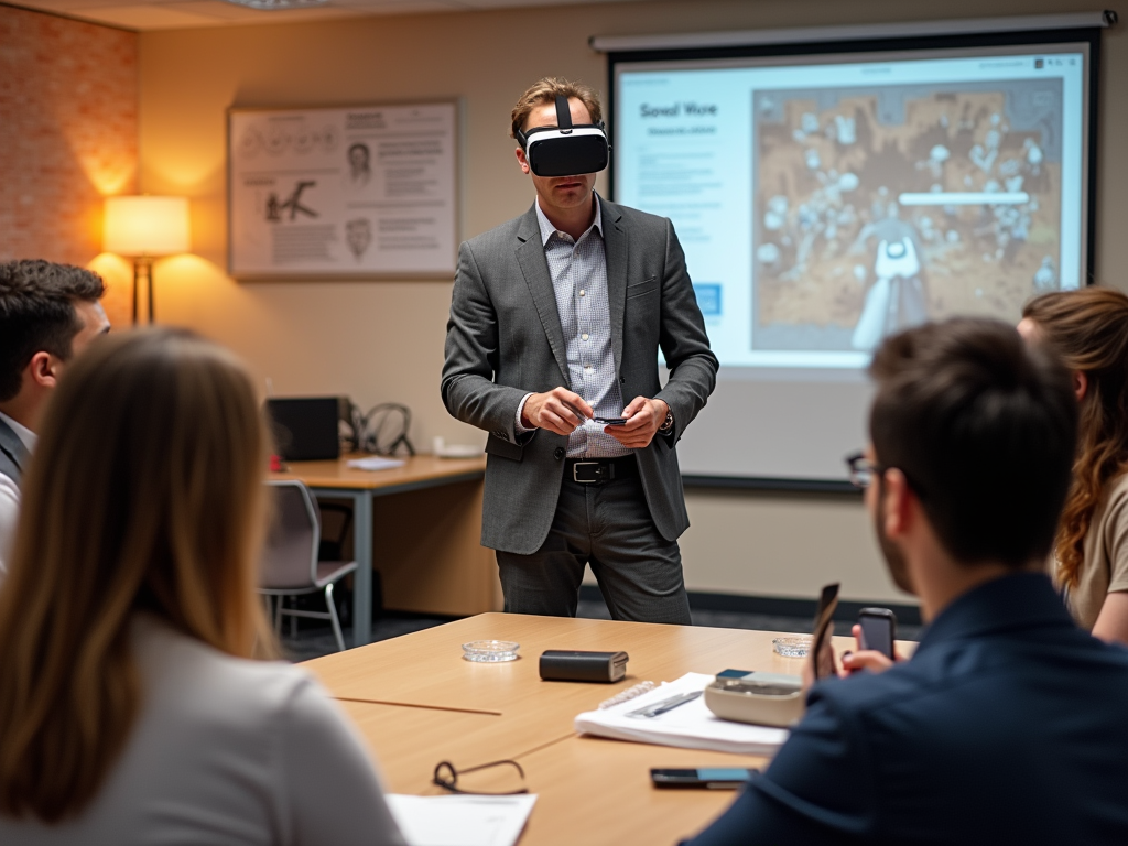 A presenter in a suit uses a VR headset while explaining a project to attentive colleagues in a conference room.