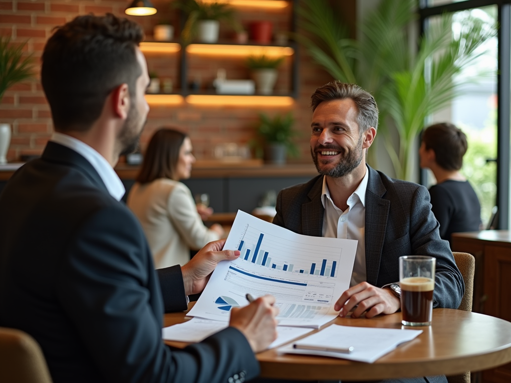 Two businessmen discussing graphs and documents at a table in a cafe.