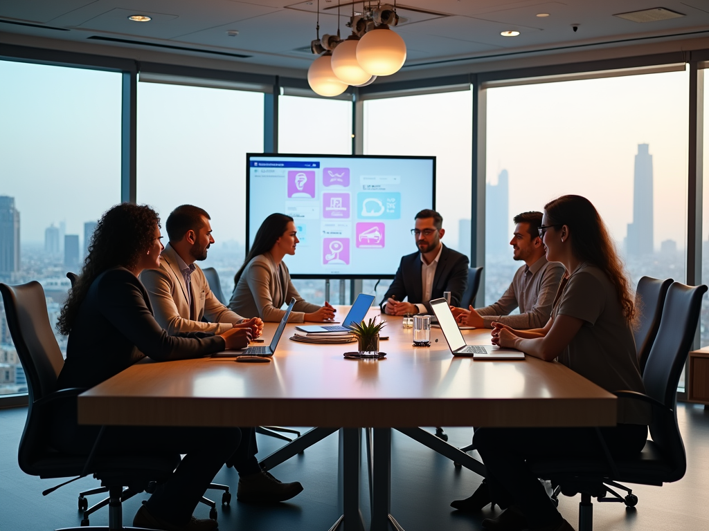 Business people in a meeting with a digital presentation in a high-rise office at dusk.