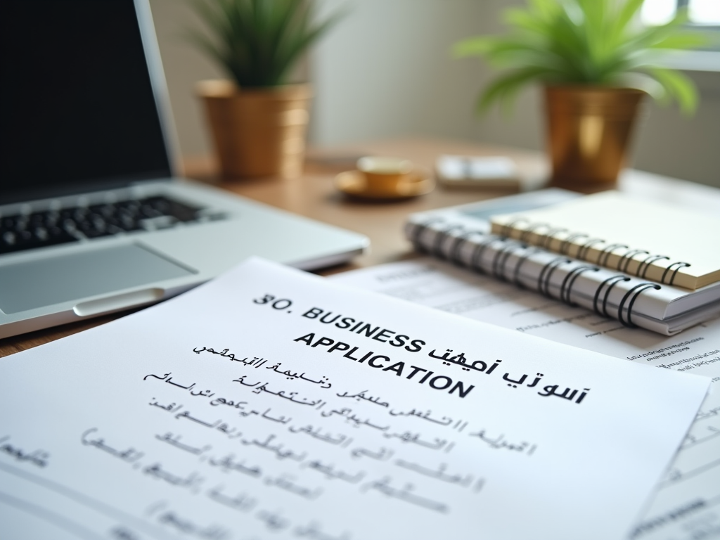 Business application form in Arabic and English on desk with laptop, notebook, and houseplants in background.