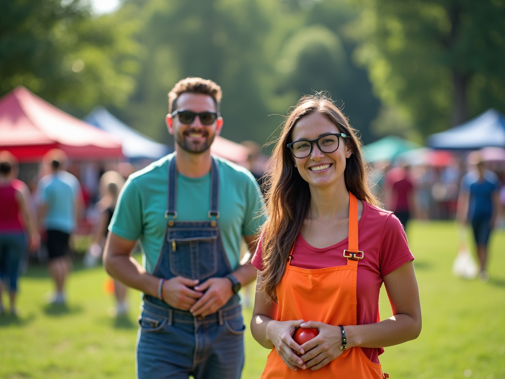 Smiling woman in orange apron holding an apple, man in blue overalls behind her, at sunny outdoor market.