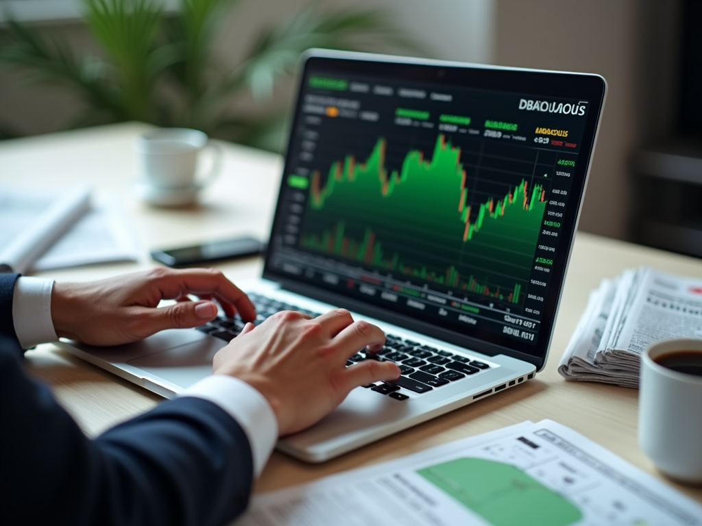 Person analyzing stock market graphs on a laptop, with a coffee cup and newspapers on the desk.