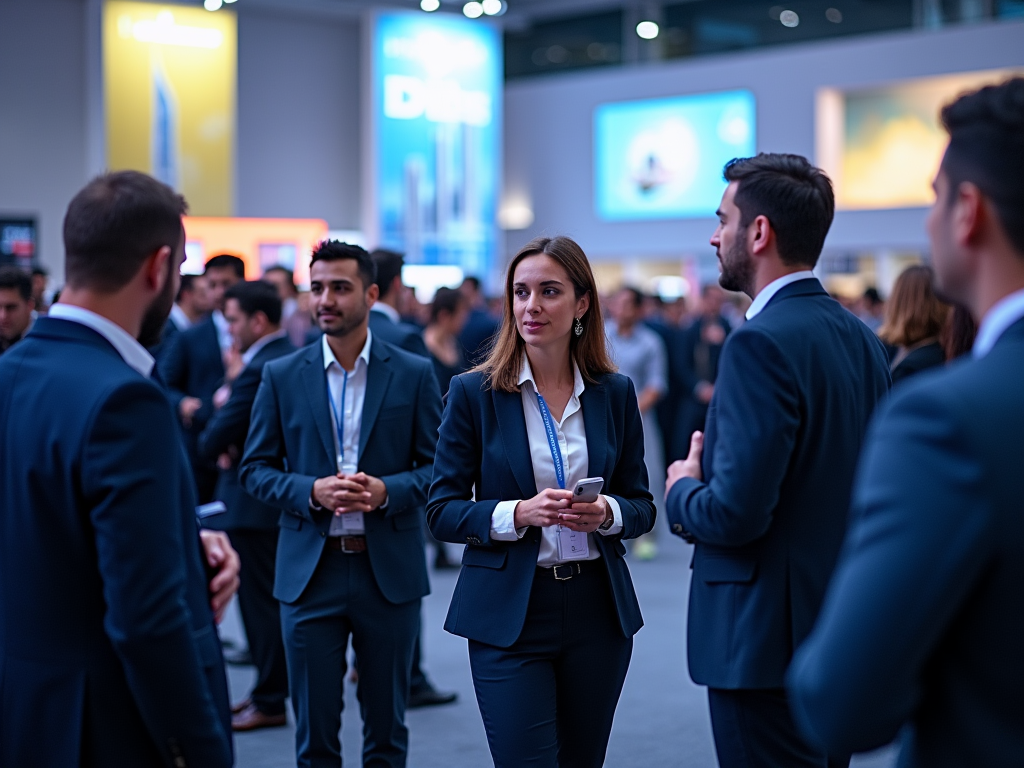 Businesswoman and male colleagues conversing at a busy trade show with digital displays.