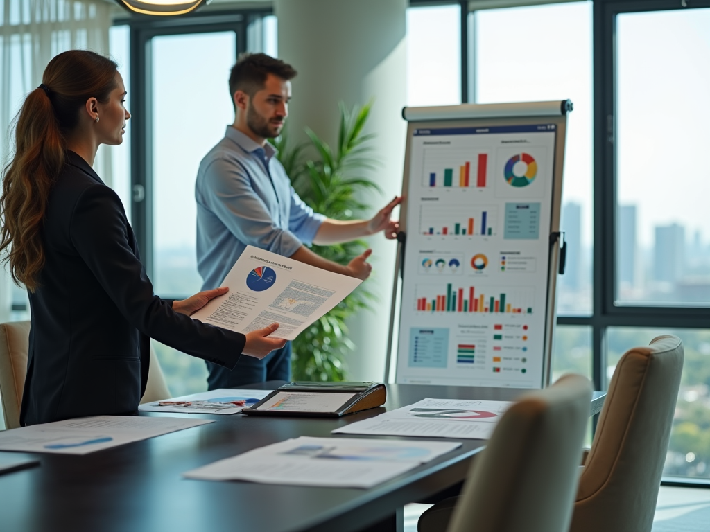 Two professionals discussing data charts in a modern office.