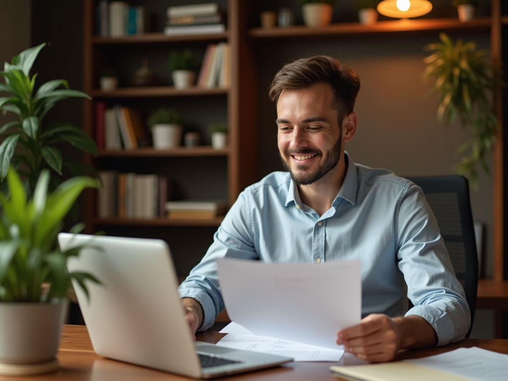 Man smiling while working at a laptop and holding a document in a cozy office.