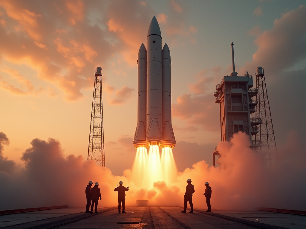 A rocket launches at sunset, surrounded by clouds of smoke and silhouettes of workers observing the event.