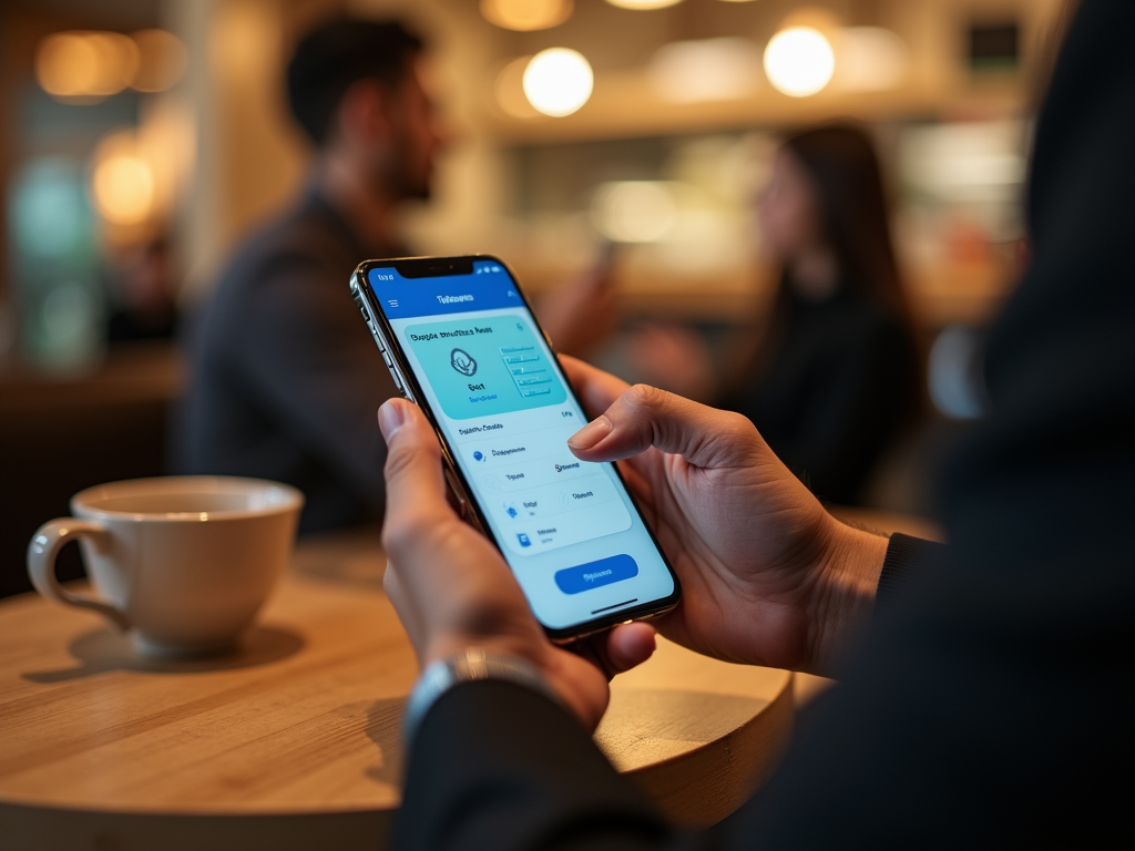 Person using a smartphone with app interface, in a cafe setting with another person blurred in the background.