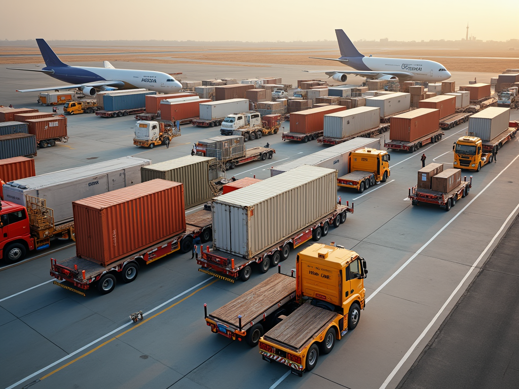 Aerial view of an airport cargo area with trucks loading and unloading containers next to parked airplanes.