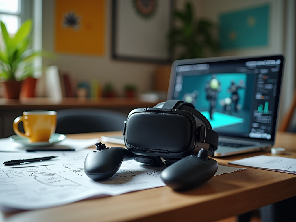 A VR headset and controllers on a desk with a laptop, coffee cup, and design papers in a bright workspace.