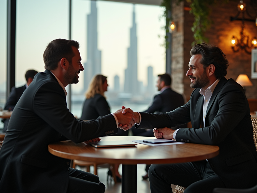 Two businessmen shaking hands at a table in a modern office, silhouettes of skyscrapers visible through the window.