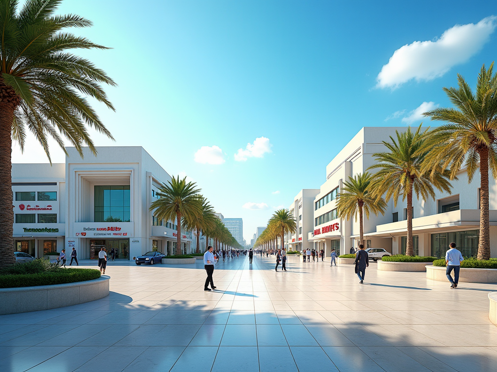 Bright, sunny day at a spacious outdoor shopping mall lined with palm trees and modern storefronts.