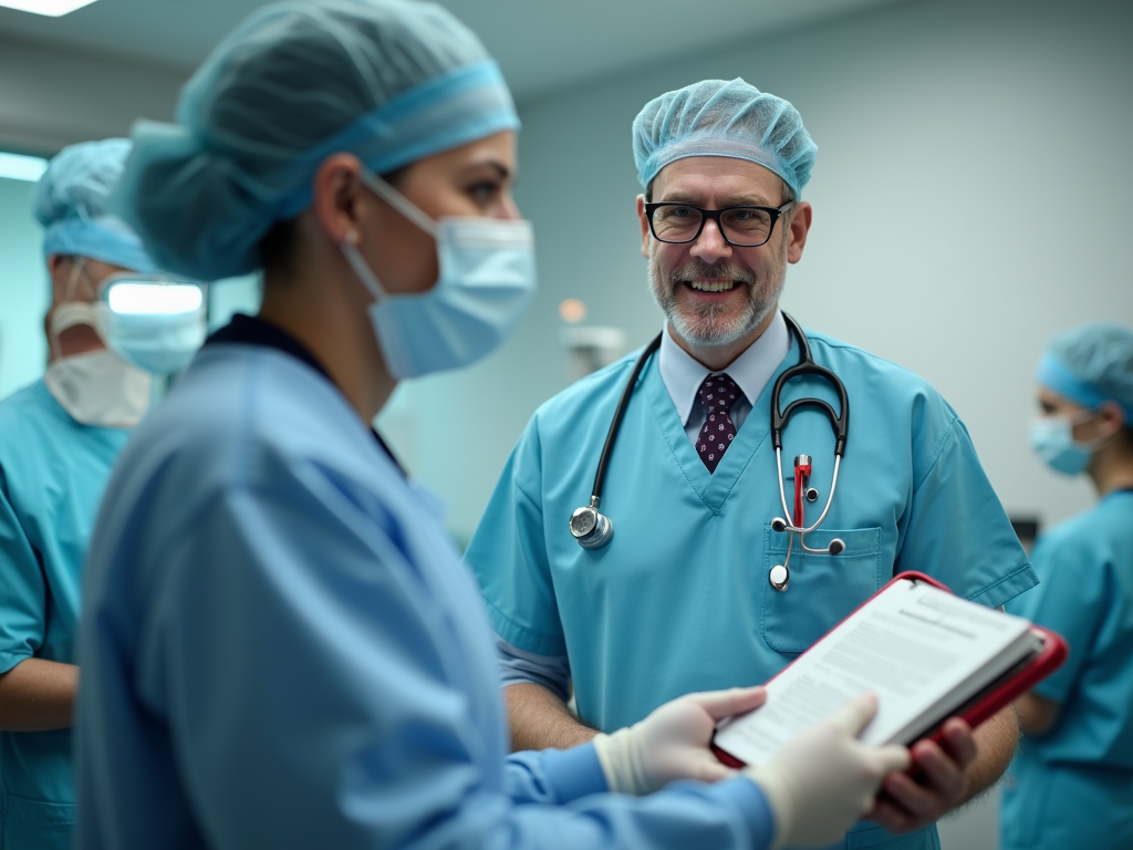 A smiling doctor in scrubs and a stethoscope receives a document from a nurse in a medical setting.