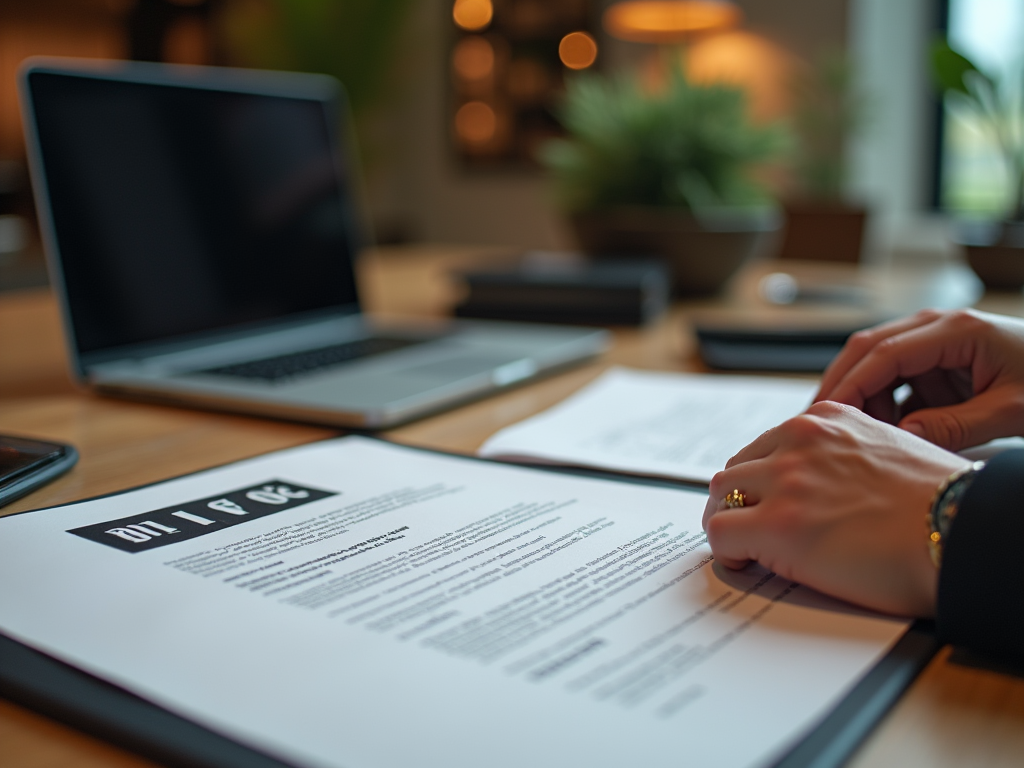 Close-up of hands signing a document with a laptop in the blurred background in a cozy office setting.