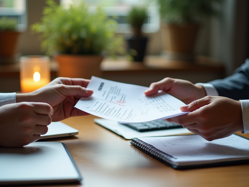 Two individuals examining documents at a desk in a warmly lit office setting.