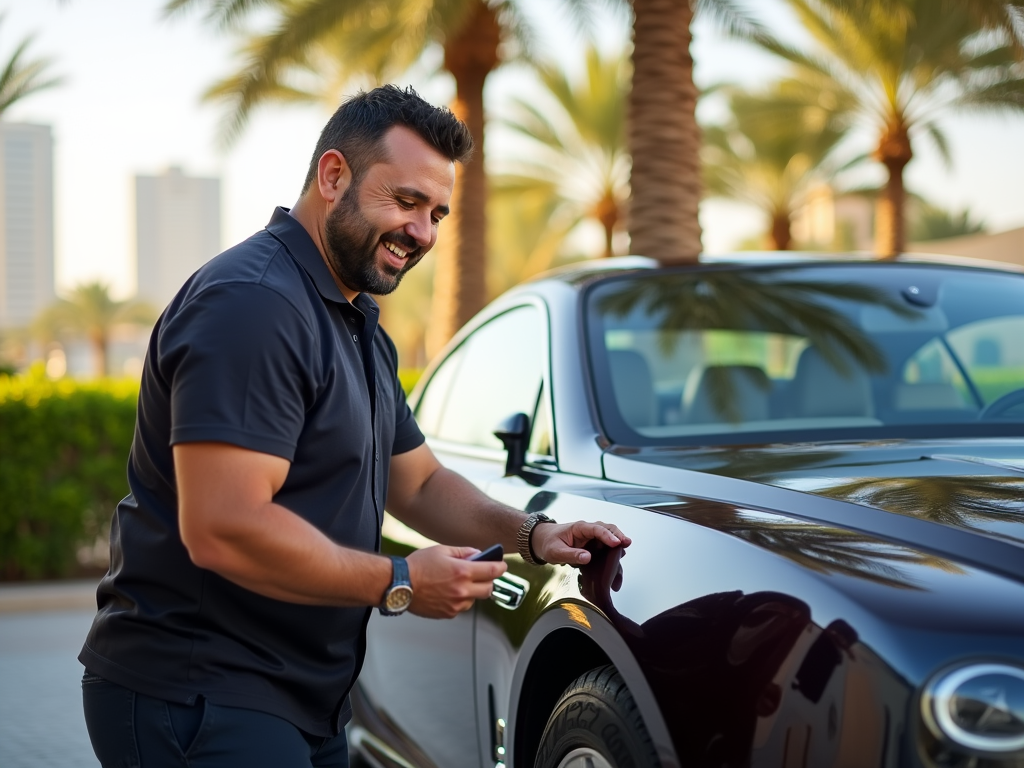 A man is smiling and inspecting a black car beside palm trees and tall buildings.