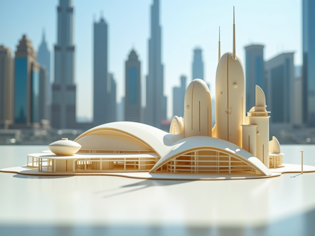 A model of futuristic architecture against a backdrop of skyscrapers, showcasing sleek curves and unique designs.