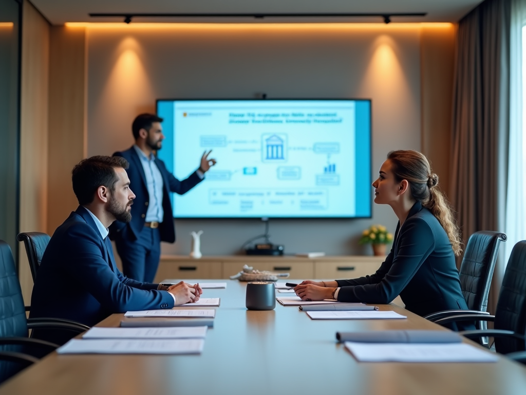 Business presentation in a modern office: a man presenting to colleagues sitting at a conference table.