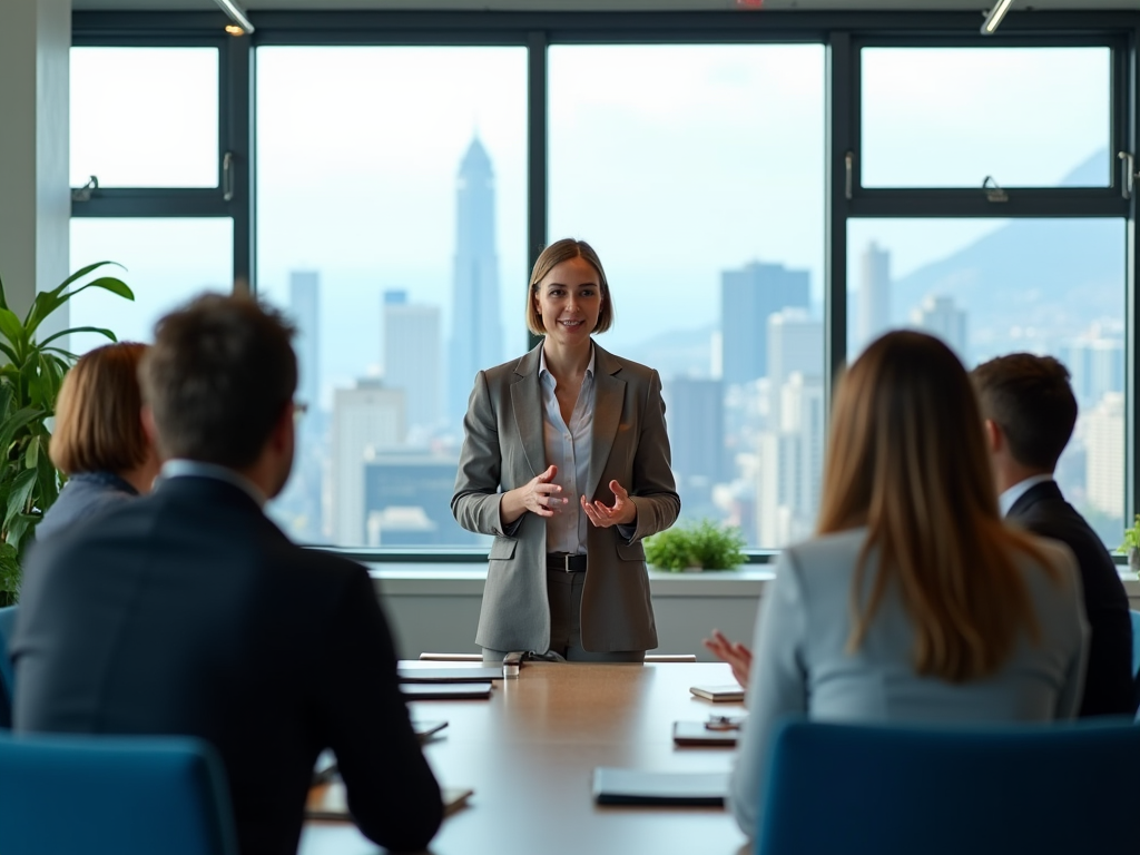 Woman presenting to colleagues in a conference room with cityscape view through large windows.