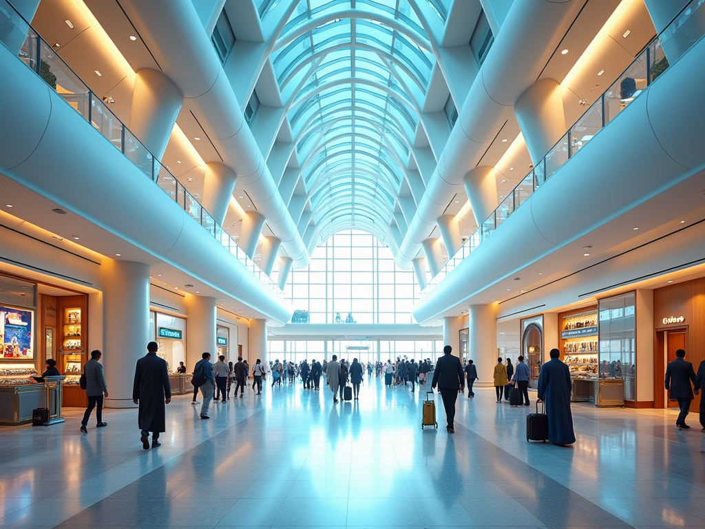 Modern airport terminal with travelers walking by shops under a curved, glass-paneled ceiling.