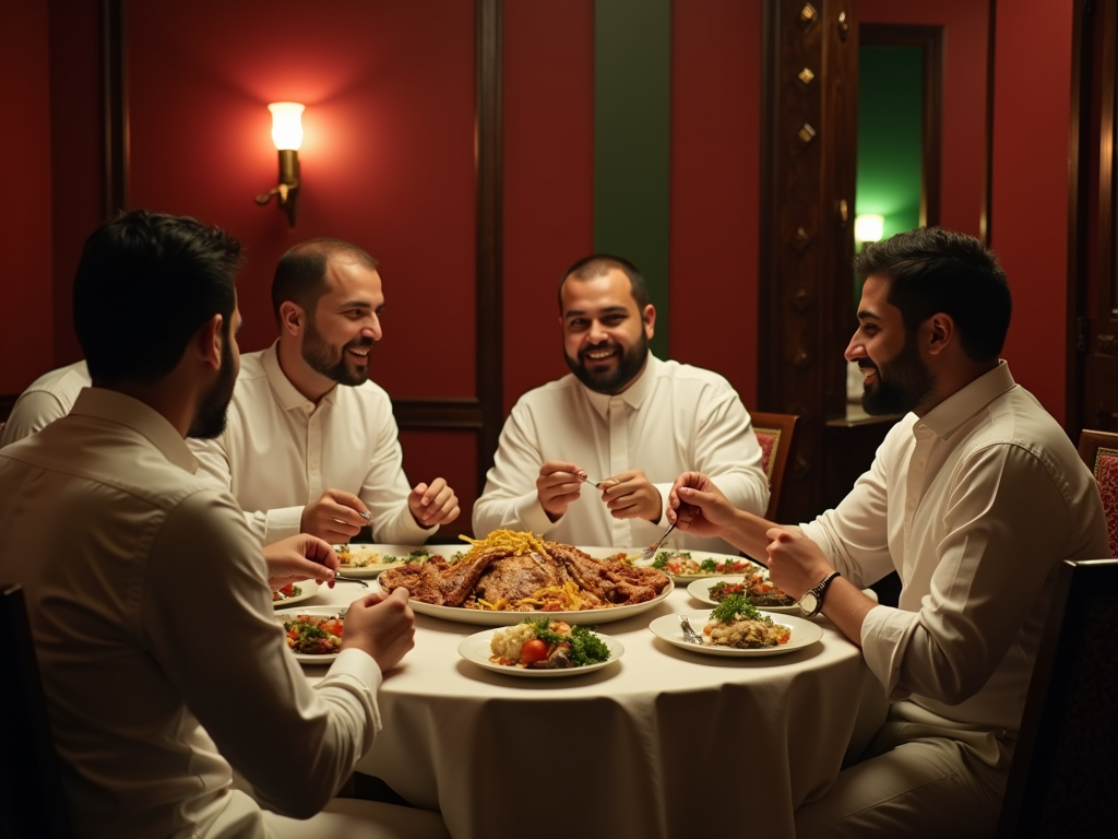 Four men in white shirts enjoying a meal together at a restaurant.