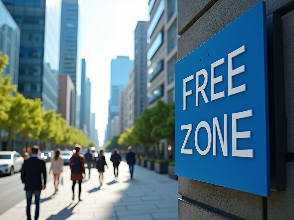 "Blue 'FREE ZONE' sign on a building with blurry pedestrians and skyscrapers in the background."