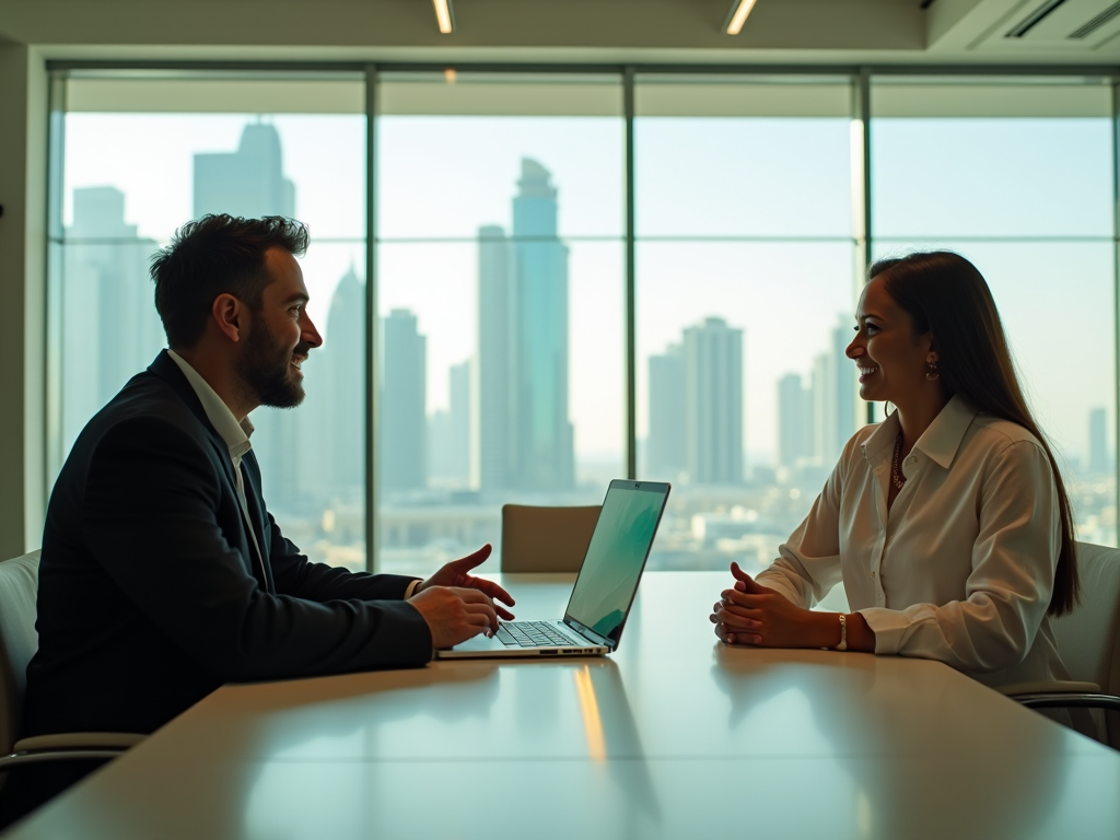 Two professionals in a meeting with a laptop in a high-rise office overlooking a cityscape.