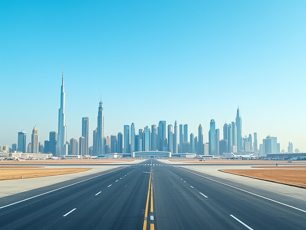 A wide view of a modern city skyline featuring tall skyscrapers under a clear blue sky, seen from a runway.