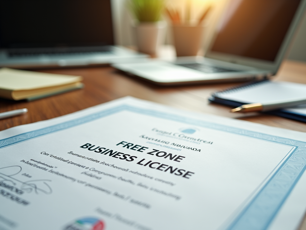 Close-up of a Free Zone Business License on a desk beside a laptop and notepad in an office setting.