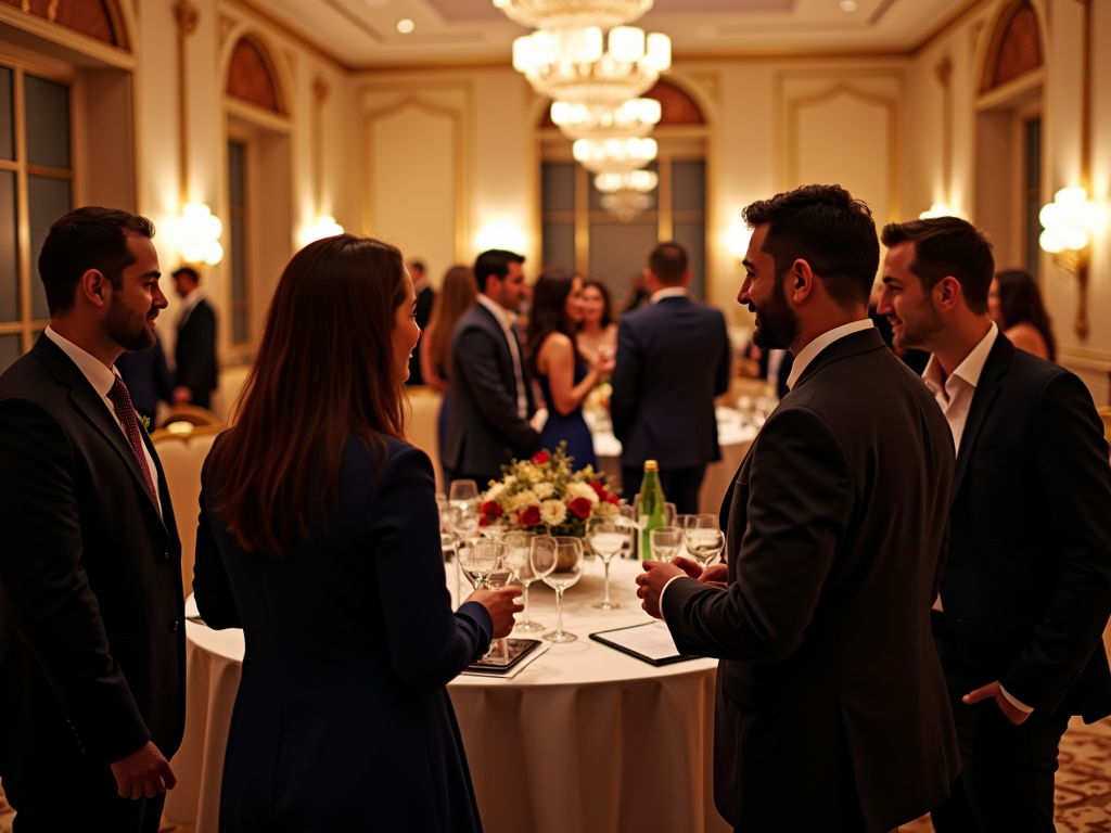 Elegant gathering in a luxurious room with people engaging in conversation around a table with drinks.