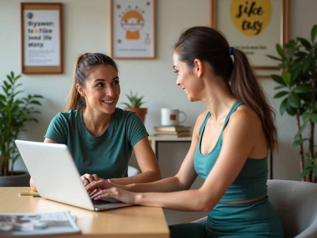 Two women in workout attire smile while collaborating at a laptop in a bright, plant-filled workspace.