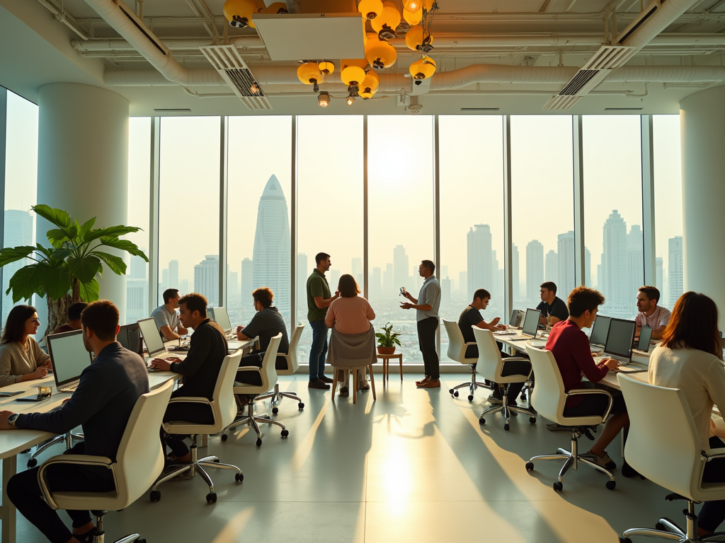 A modern office with people collaborating, large windows showcasing a city skyline at sunset.