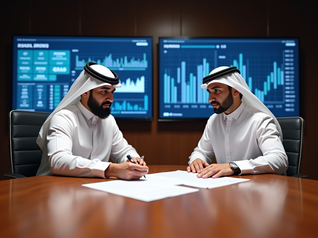 Two men in traditional attire discussing over documents in a boardroom with digital graphs in the background.