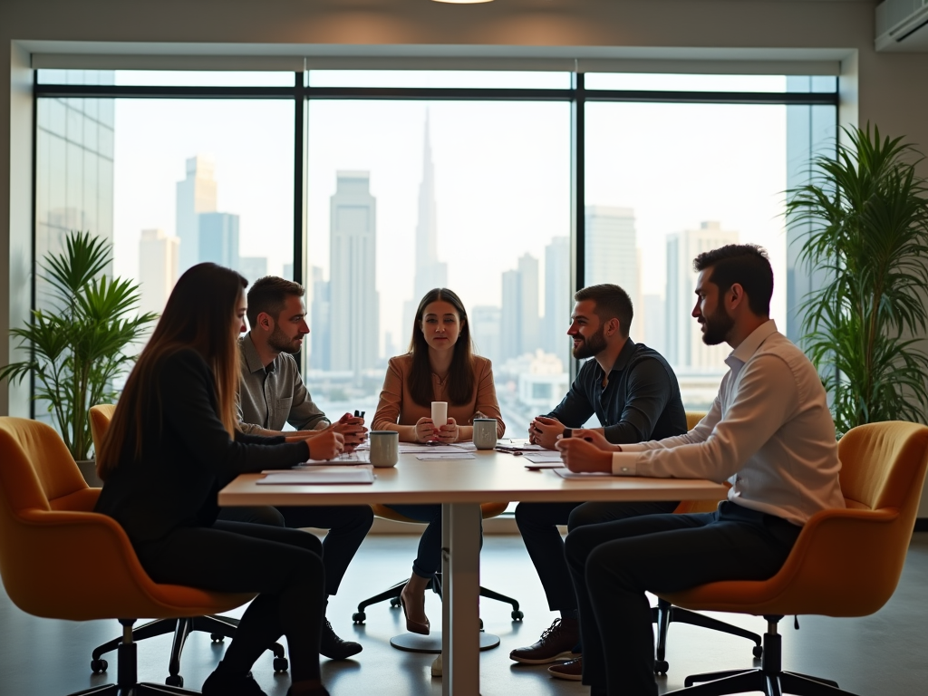 Business team having a meeting in a modern office with a city skyline view.