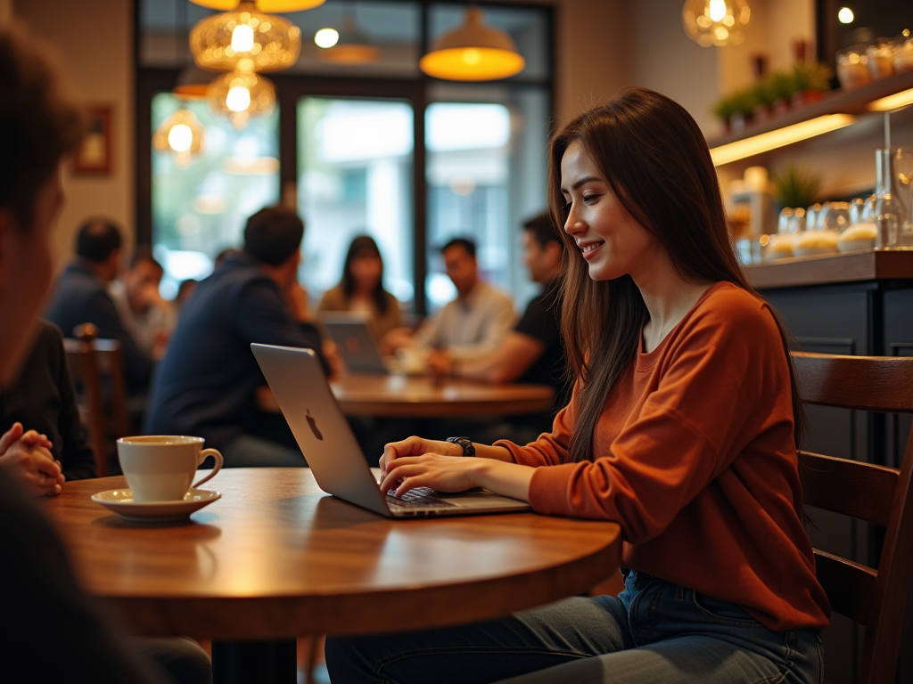 Woman in orange top using laptop in busy cafe, smiling at screen.