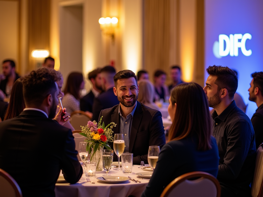 Men and women conversing at a well-lit formal event with "DIFC" projected in the background.