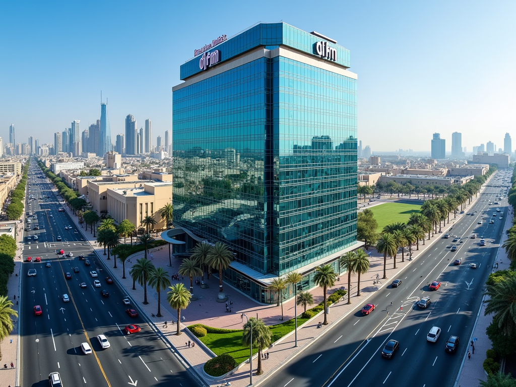 Aerial view of a busy city street with a modern glass building and skyline in the background.