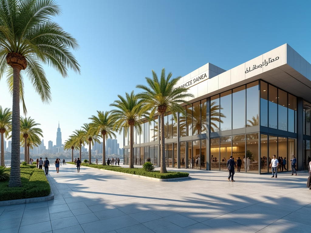 Modern shopping center with glass facade flanked by palm trees and a city skyline in the background.